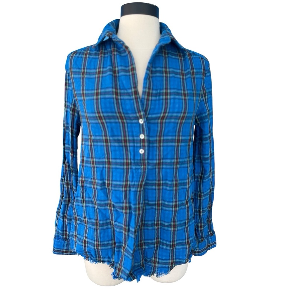 Umgee Raw Hem Tartan Blue Plaid V Neck Tunic Shirt S 90s Indie Boho Mod Western